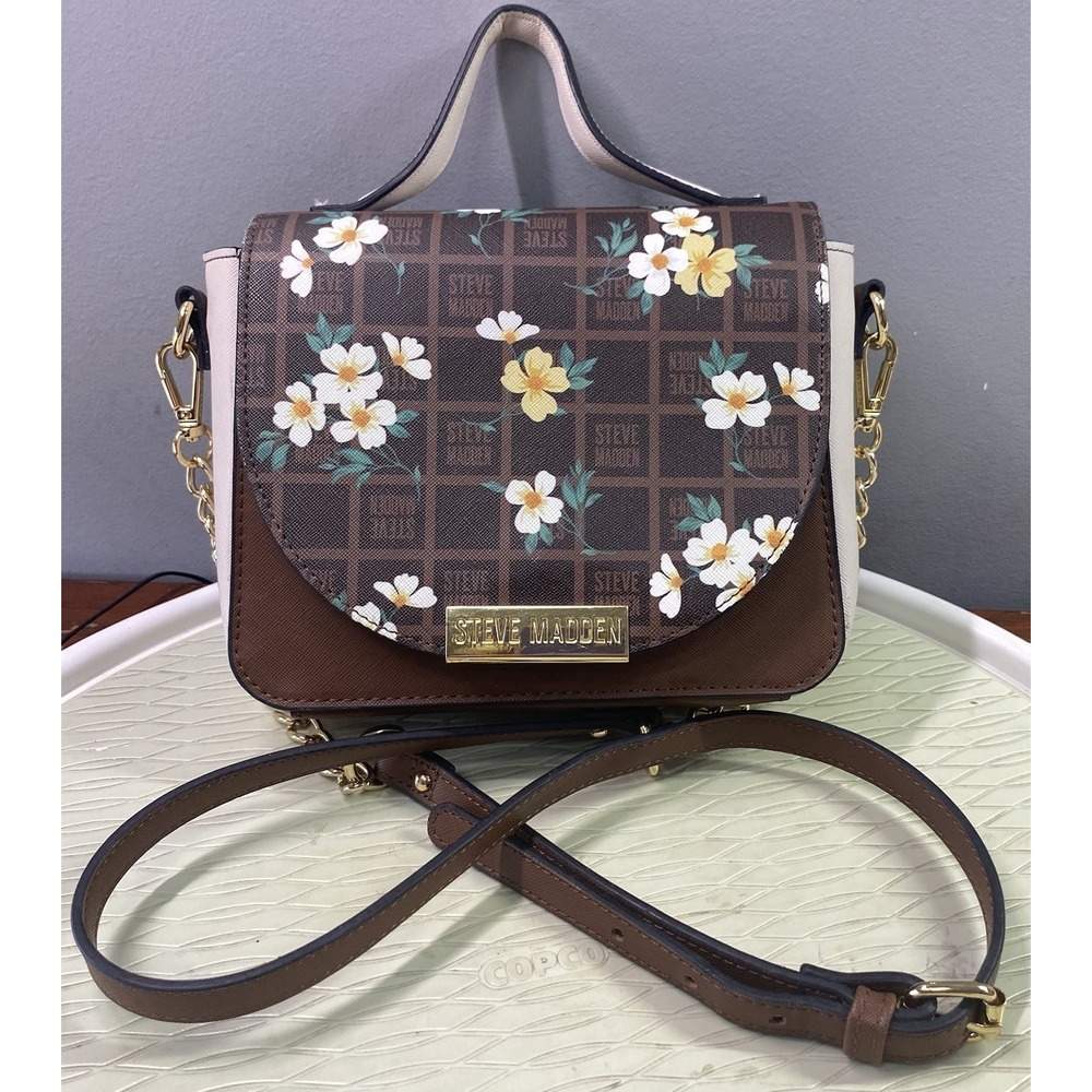 Steve Madden Women Brown Floral Print Top Bag Handle Purse Detach Strap 8x8x3"